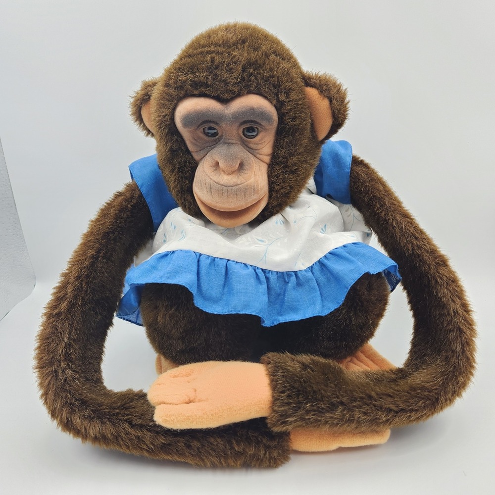 Plush Monkey‎ Puppet Toy Stuffed Animal Blue Dress Adorable Collectible Retro
